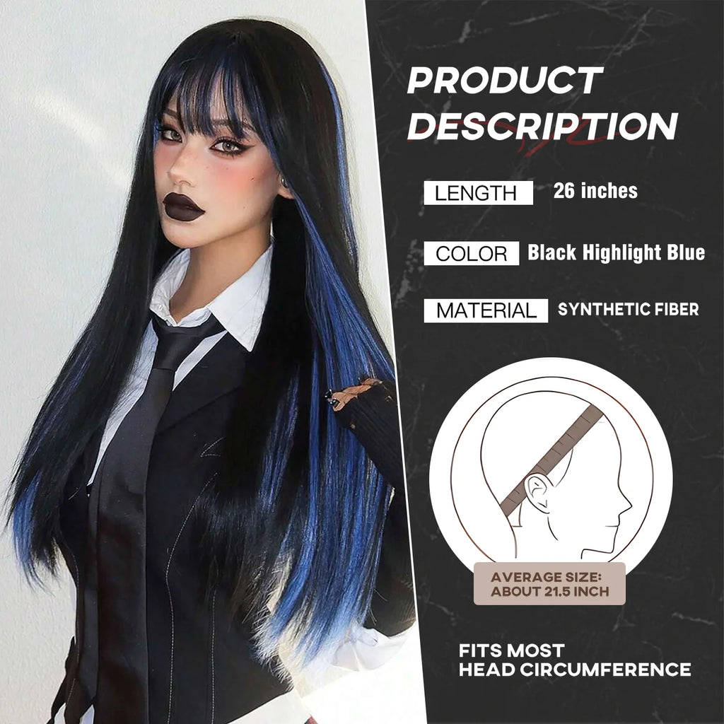 Allbell Magique Black Highlight Blue Synthetic Wig Long Straight Wig with Bangs Black And Blue Wig For Women Cosplay Party Use