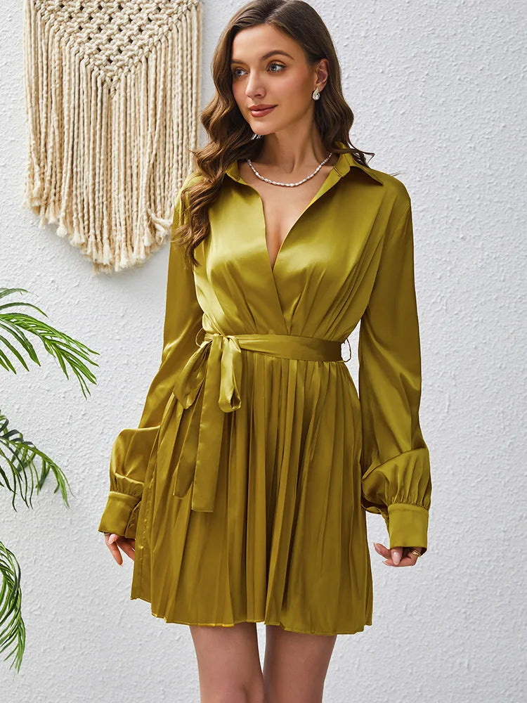 Elegant satin lapel waist cinching lace up long sleeved pleated dress spring/autumn womens fashion temperament solid short skirt