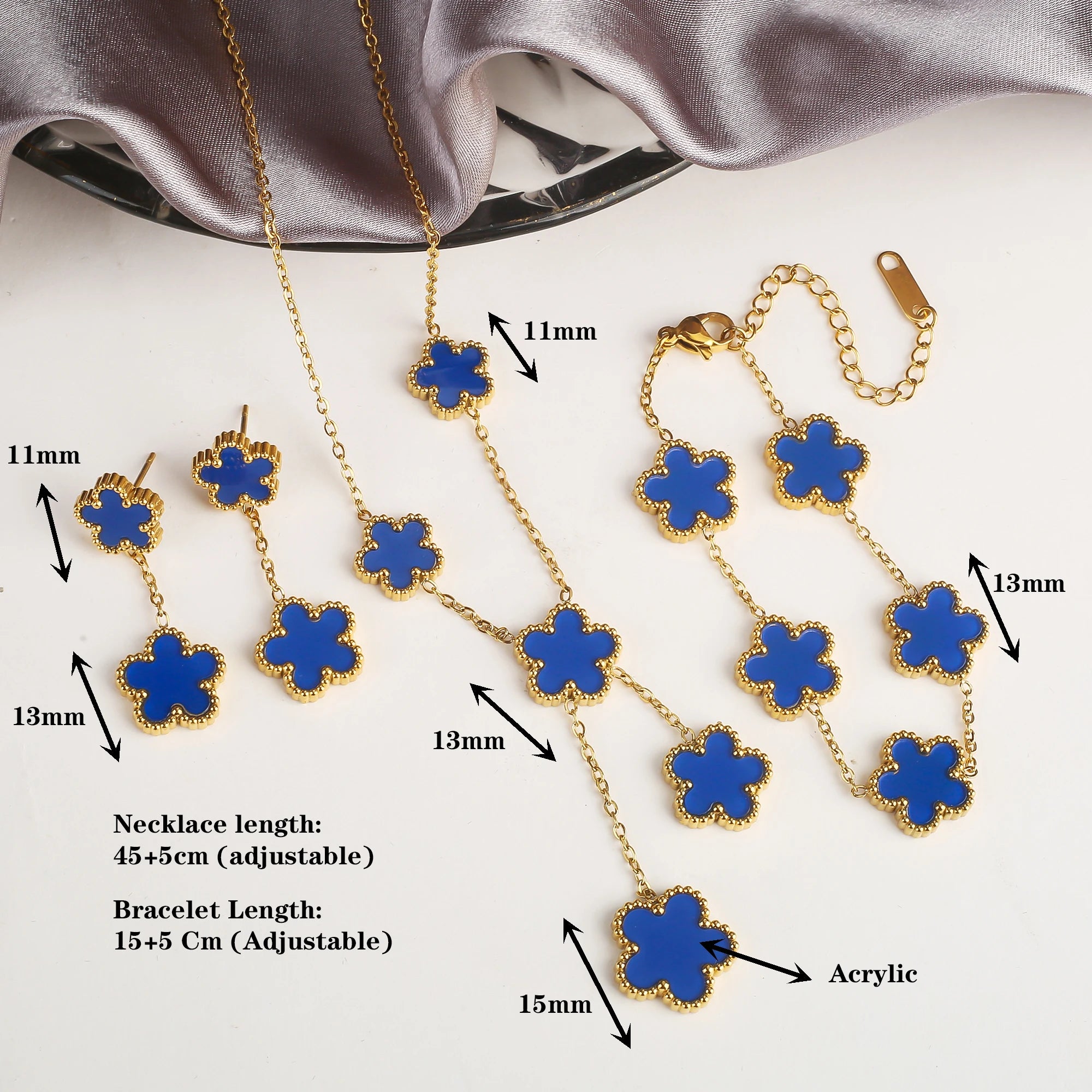 Hot Sale 3Pcs Stainless Steel 18k Gold-Plated Five-Leaf Flower Necklace Earrings Bracelet Jewelry Set For Woman Jewelry Clover