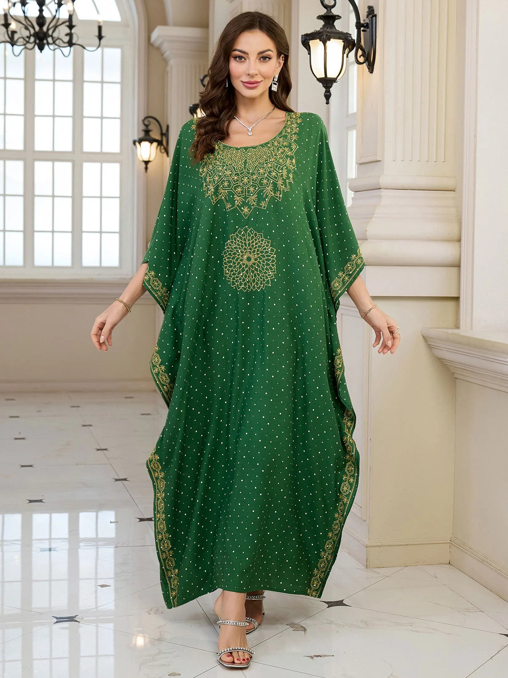 2024 Vintage Embroidery Kaftan Sexy V-neck Batwing Sleeve High Waist Maxi Dress Tunic Women Clothing Summer Beach Dresses Q660