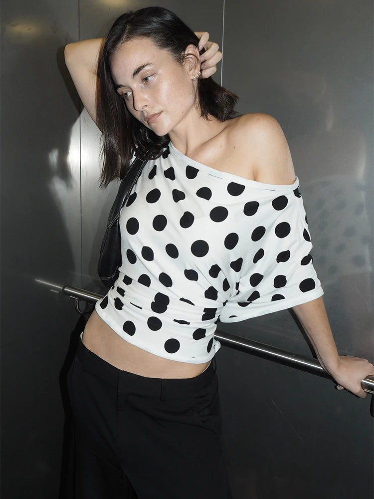 Absobe Polka Dot One-Shoulder Short Sleeve Top For Women Back Lace-up Waist Slim Fit T-Shirt Y2K Hot Girl Casual Tee Streetwear