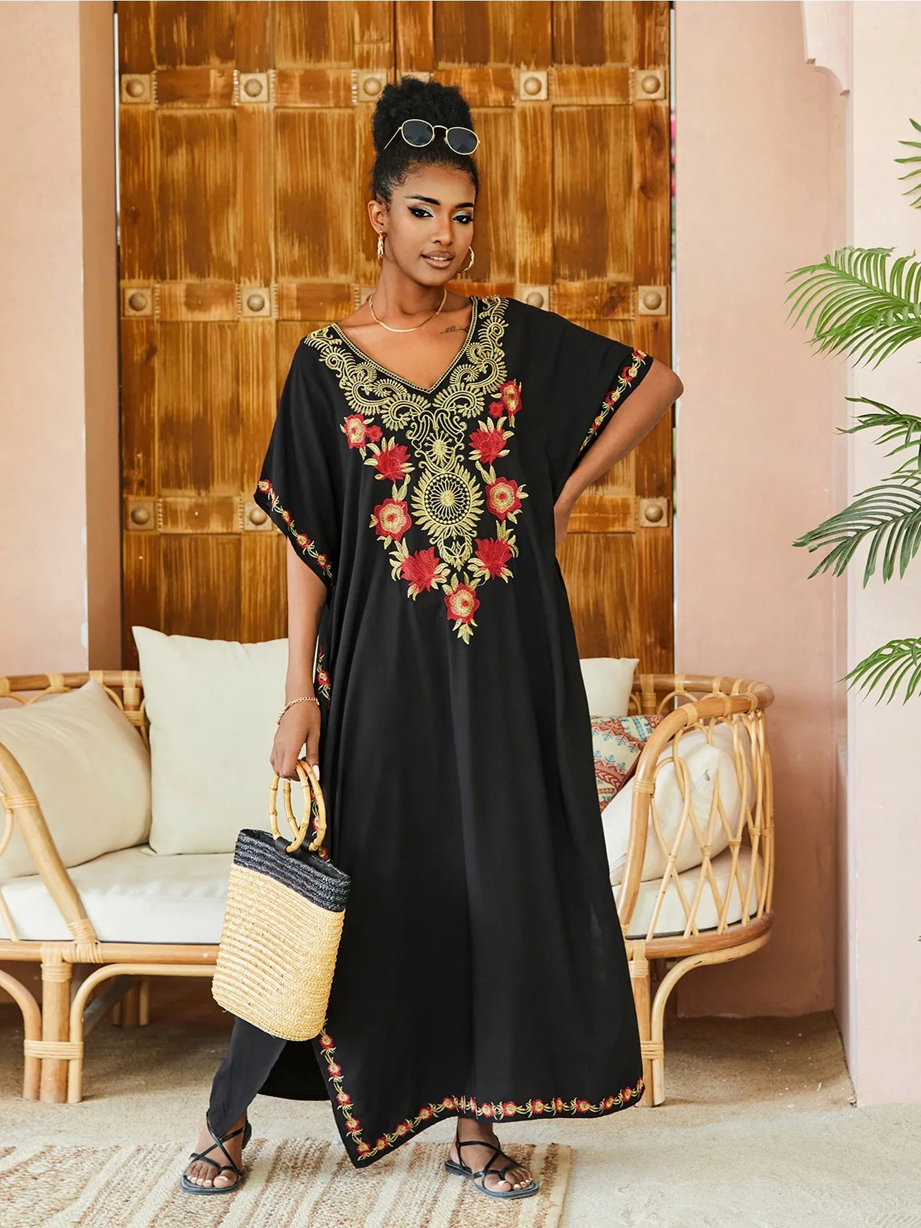 2024 Vintage Embroidery Kaftan Sexy V-neck Batwing Sleeve High Waist Maxi Dress Tunic Women Clothing Summer Beach Dresses Q660