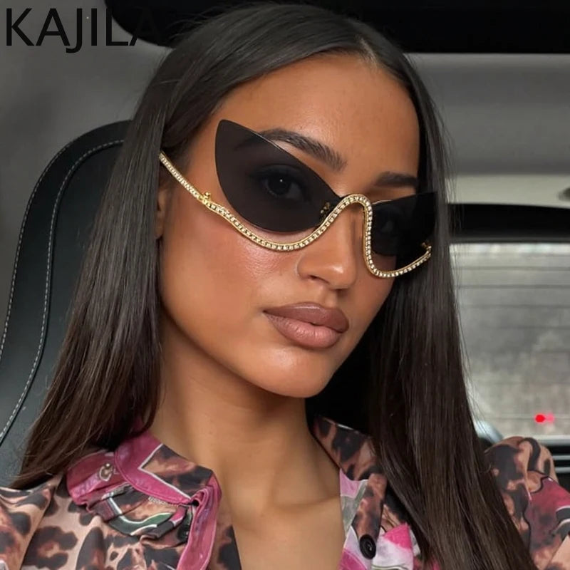 Retro Rhinestone Cat Eye Rimless Punk Sunglasses Women 2025 Luxury Brand Vintage Metal Frameless Sun Glasses Travelling Shades