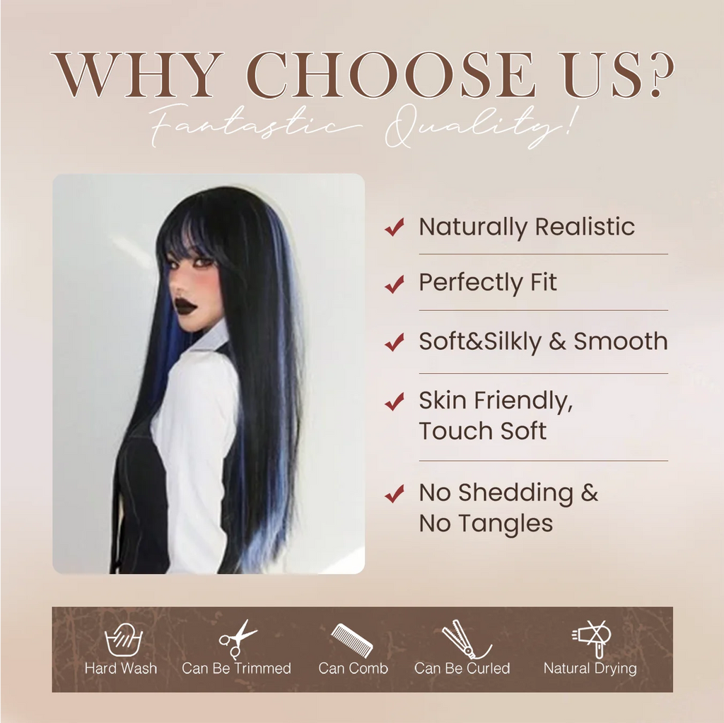 Allbell Magique Black Highlight Blue Synthetic Wig Long Straight Wig with Bangs Black And Blue Wig For Women Cosplay Party Use