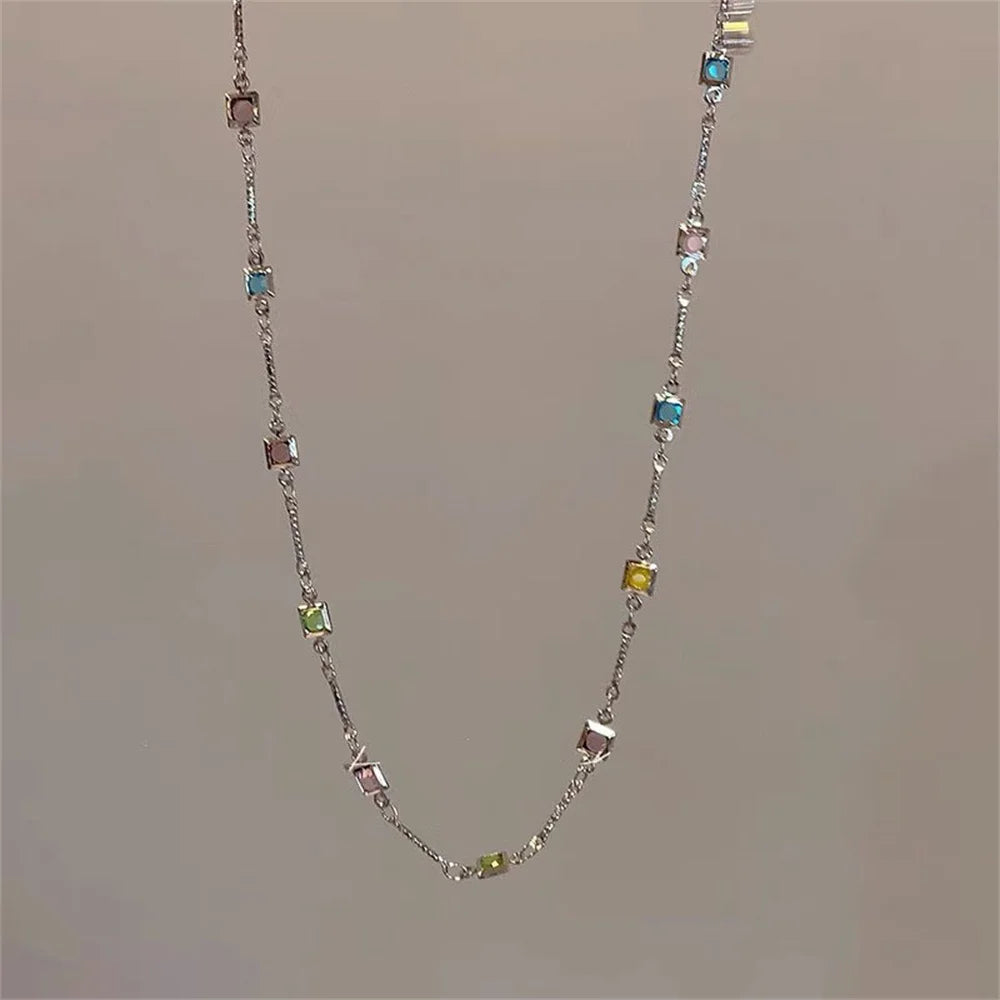Rainbow Crystal Gemstone Retro Choker Colored Zircon Necklace For Women Simple Clavicle Chain Jewelry Fashion Wear Accessories
