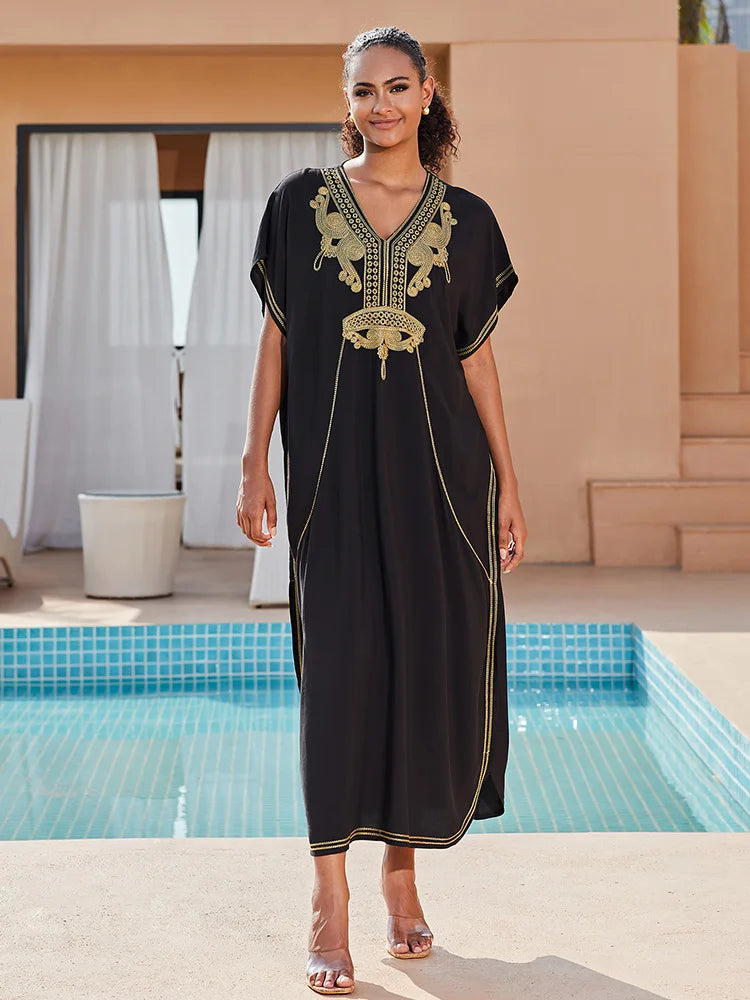 2024 Vintage Embroidery Kaftan Sexy V-neck Batwing Sleeve High Waist Maxi Dress Tunic Women Clothing Summer Beach Dresses Q660