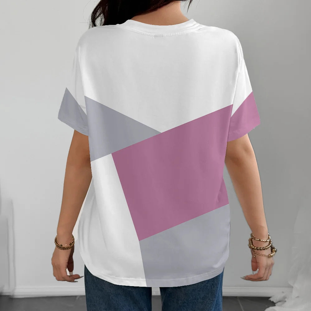 Fashion Pink White Grey Geometric Pattern Women's T-shirt Casual Comfortable Round Neck Short Sleeve