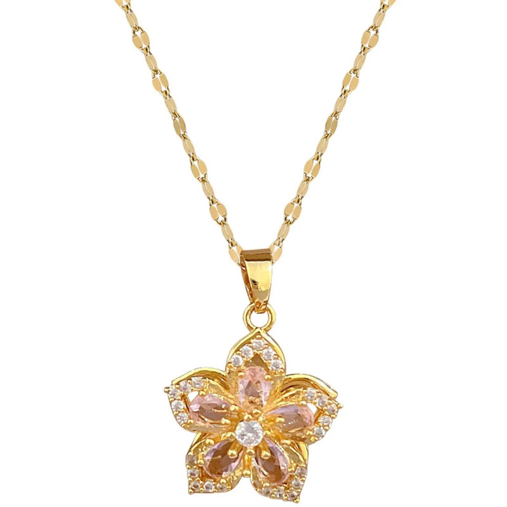Light Luxury Shiny Zircon Rotatable Flower Pendant Necklace For Women Stainless Steel Romantic Spin Floral Plant Choker Jewelry