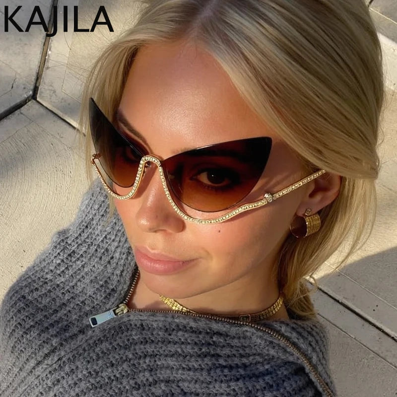 Retro Rhinestone Cat Eye Rimless Punk Sunglasses Women 2025 Luxury Brand Vintage Metal Frameless Sun Glasses Travelling Shades