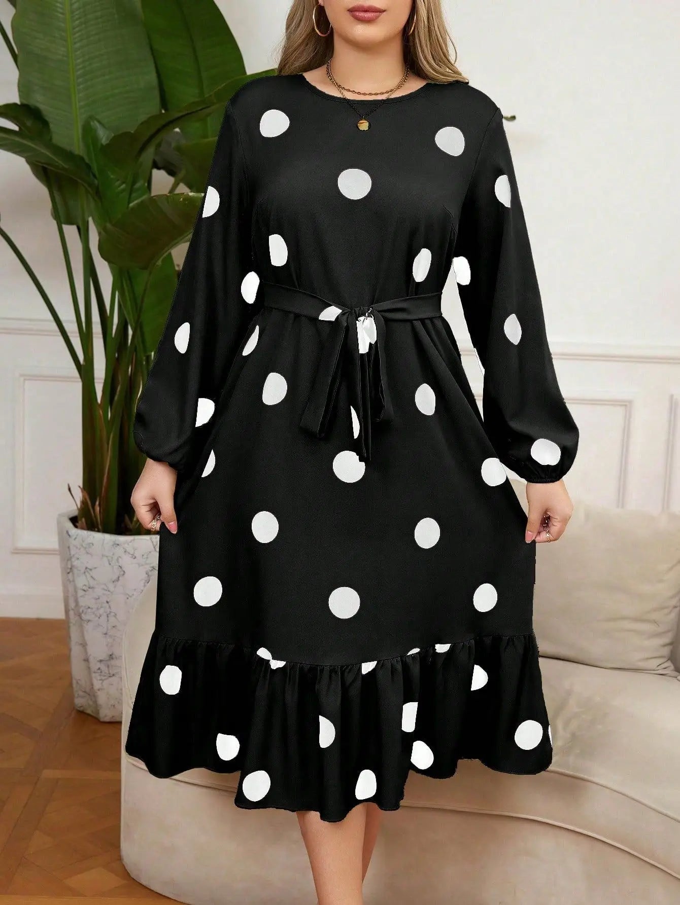 Vigojany 2025 Spring Ruffle Dot Print Plus Size Dress Autumn Long Sleeve Large Big Dress Casual O Neck Chubby Curvy Dresses