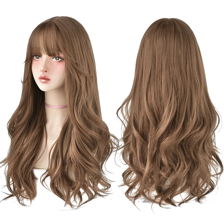 7JHH WIGS Popular Brown Ash Long Deep Wave Hair Lolita Wigs With Bangs Synthetic Wig For Women Fashion Thick Curls Wigs Girl