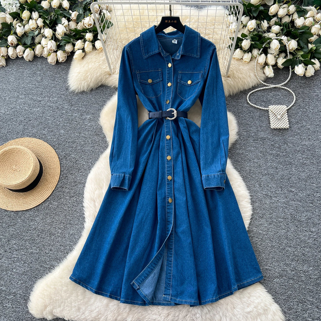 Sexy long sleeve Slit Pockets Single Breasted High Waist Pleated dress Vestidos sundress Women Evening Party dress