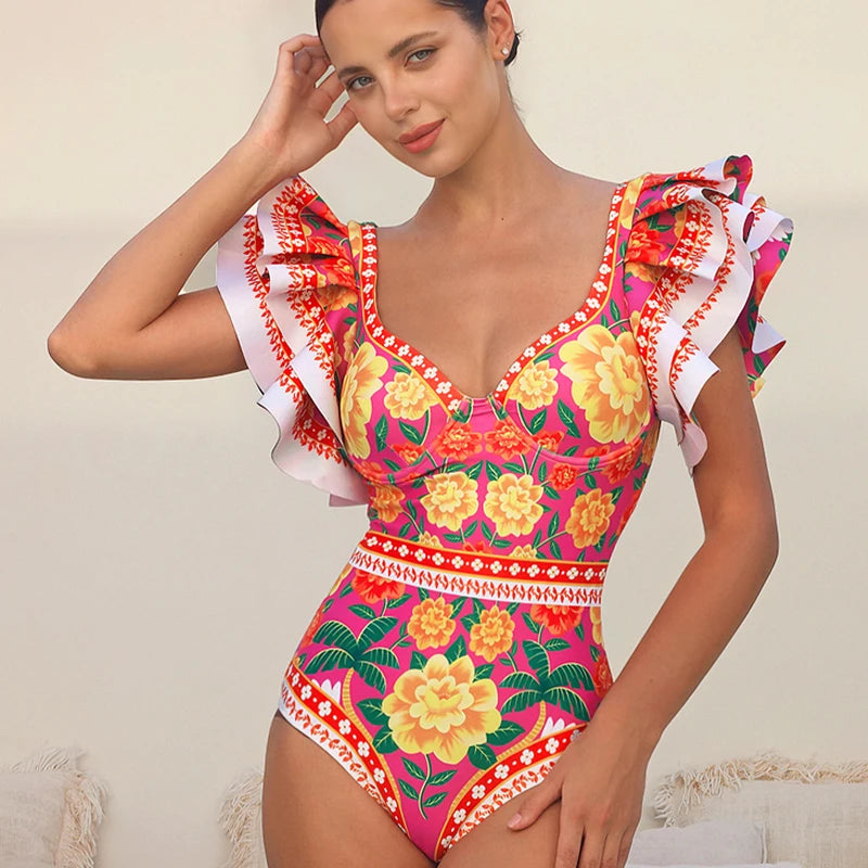 Women Print Ruffle One Piece Swimsuit Off The Shoulder Swimwear Women Sexy Swimsuit Deep-V Bathing Suits Beach Wear Swim Suit