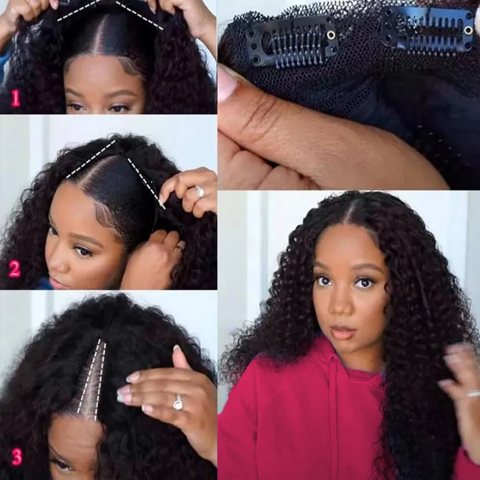 V Part Curly Wig Human Hair No Leave Out No Glue Brazilian Deep Curly Wave Human Hair Wigs for Women 220% Density