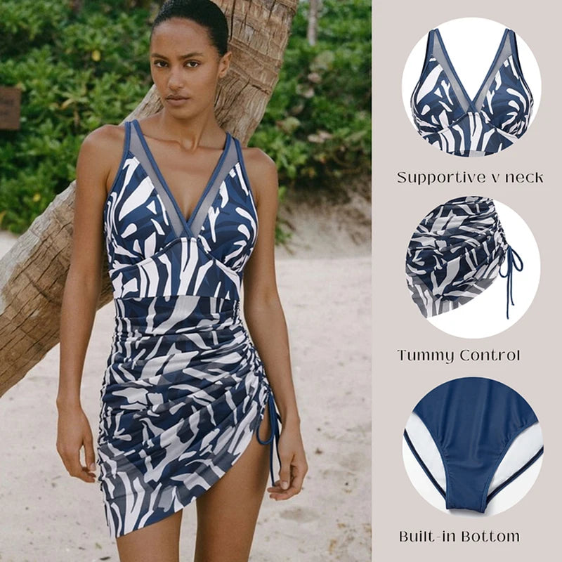 2025 Sexy Bikini Swimsuit Women One Piece Swim Dress Tummy Control Swimsuits Slimming Mesh Sheer Sarong Wraps Bathing Suit