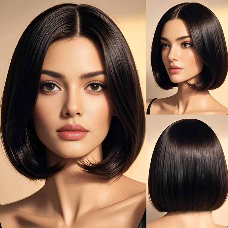 12-inch straight black bob, synthetic high-temperature silk wig with 150% density, heat-resistant and heat-resistant, for