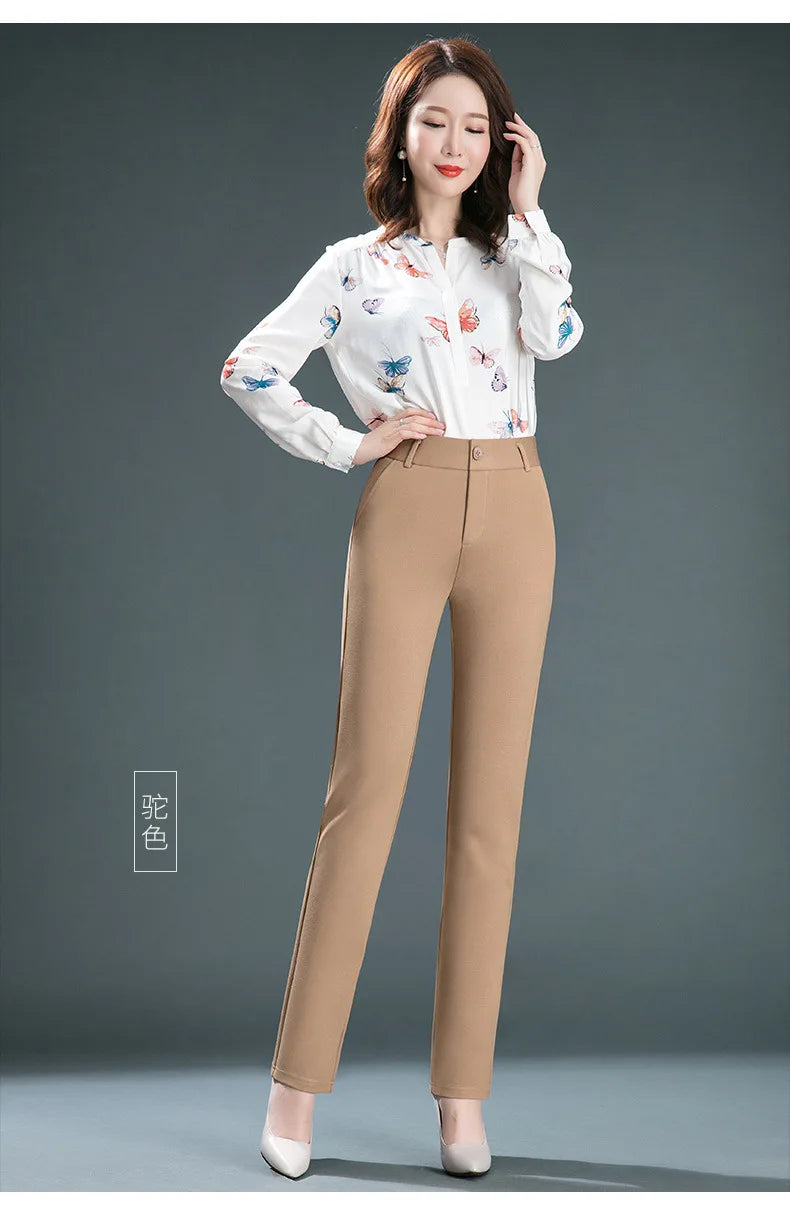 Stretch High Waist Trousers Women's Fashion Casual Pants Black Khaki Navy Blue Slacks Women Pantalones