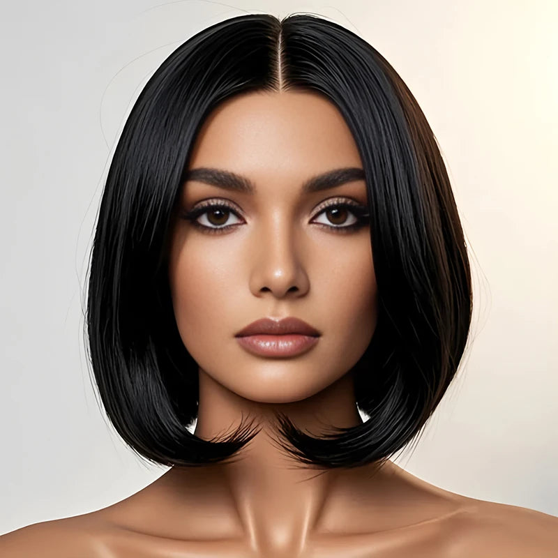 12-inch straight black bob, synthetic high-temperature silk wig with 150% density, heat-resistant and heat-resistant, for
