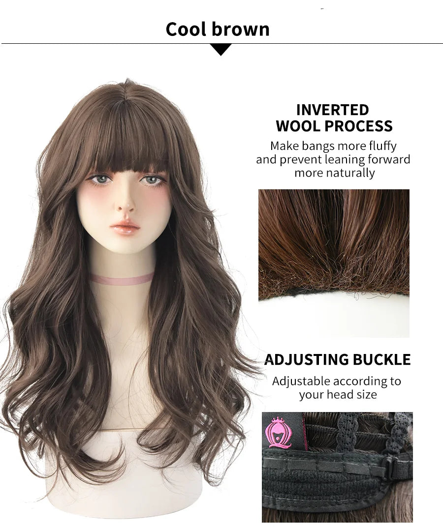 7JHH WIGS Popular Brown Ash Long Deep Wave Hair Lolita Wigs With Bangs Synthetic Wig For Women Fashion Thick Curls Wigs Girl