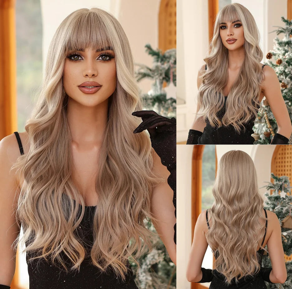 Allbell Magique Blue Hair Wig with Bangs Long Wavy Synthetic Wig Baby Blue Curly Wig for Women Daily Party Use Heat Resistant