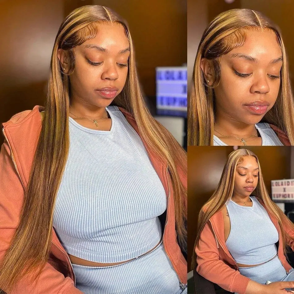 Hd 13x4 13x6 Highlight Straight Lace Front Human Hair Wig 360 Full Lace Wig PrePlucked Brazilian Blonde 4/27 Colored Frontal Wig