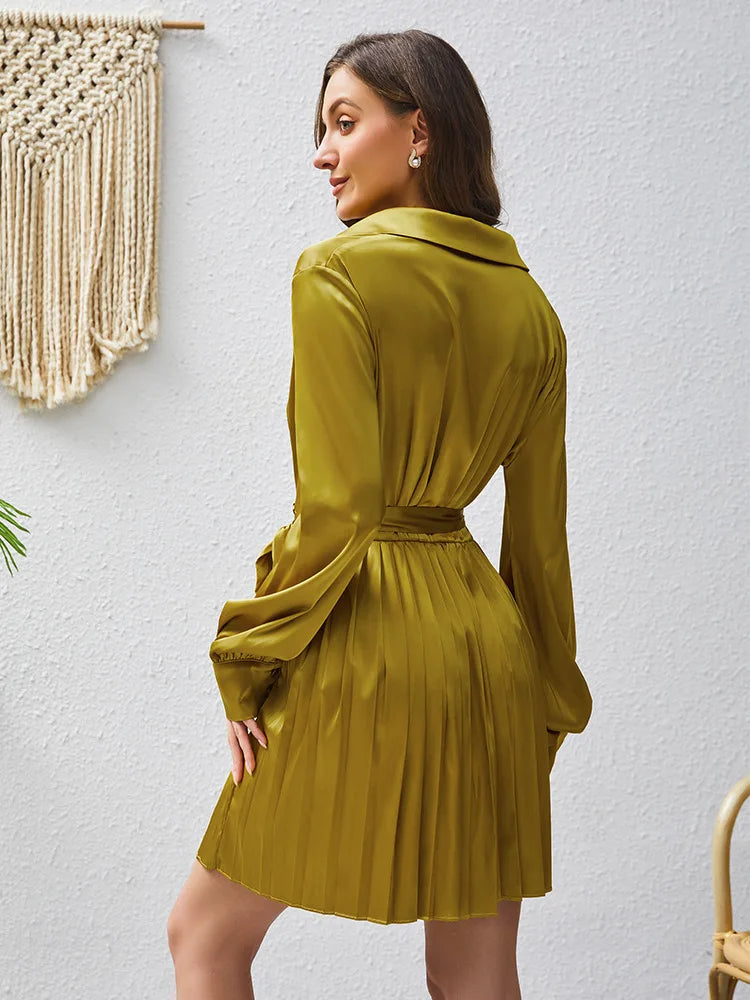 Elegant satin lapel waist cinching lace up long sleeved pleated dress spring/autumn womens fashion temperament solid short skirt