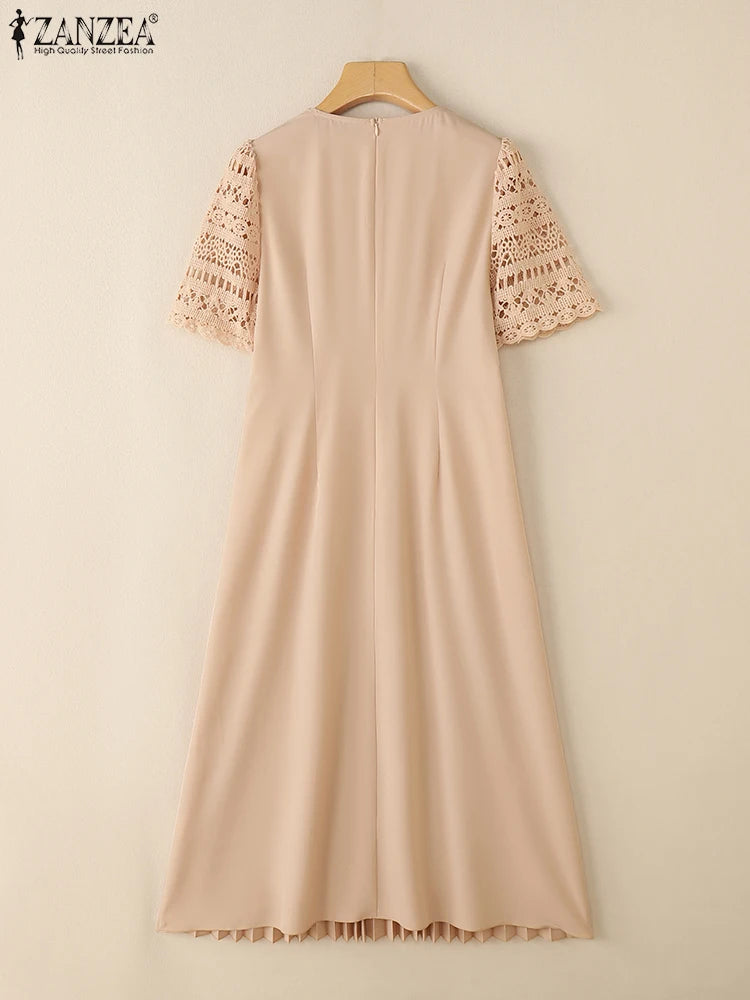 ZANZEA Elegant Summer Short Sleeve Pleated Party Sundress Fashion Women Lace Patchwork Dresses 2025 Stylish Work OL Vestidos