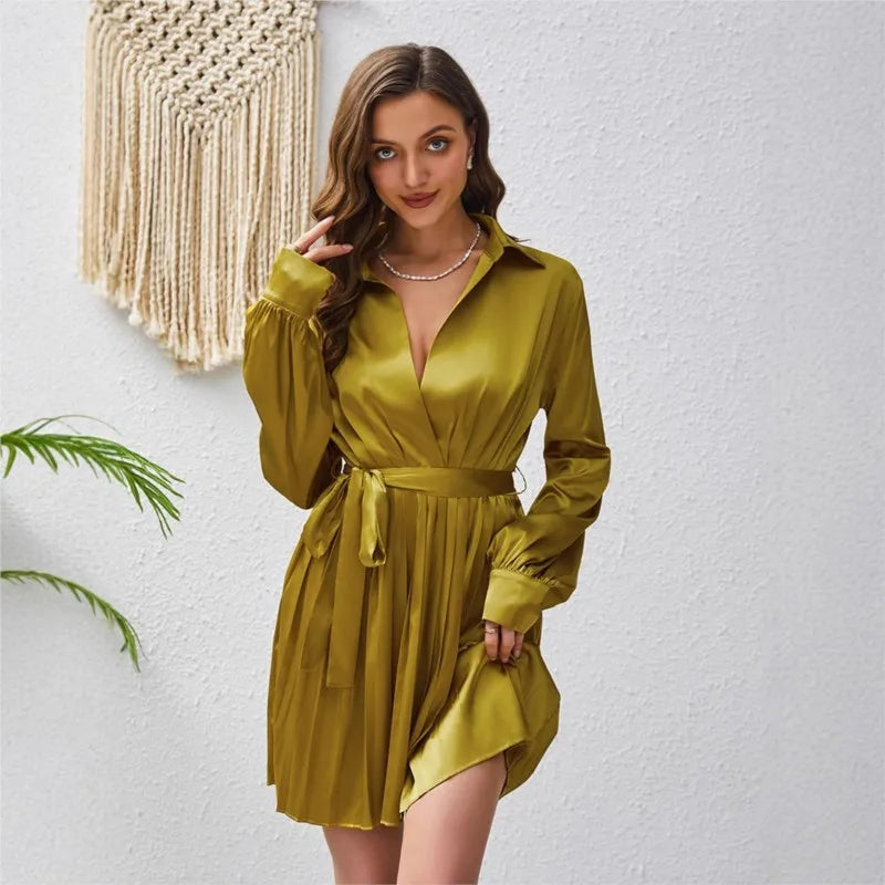 Elegant satin lapel waist cinching lace up long sleeved pleated dress spring/autumn womens fashion temperament solid short skirt