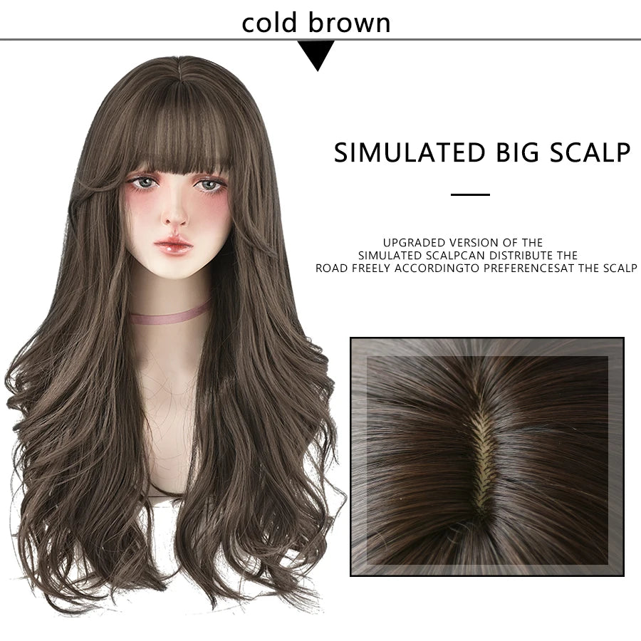 7JHH WIGS Popular Brown Ash Long Deep Wave Hair Lolita Wigs With Bangs Synthetic Wig For Women Fashion Thick Curls Wigs Girl