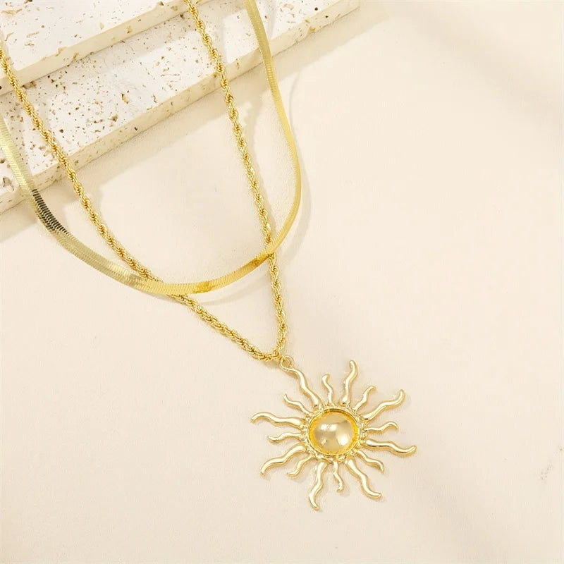 Exaggerated Big Sun Pendant Necklace for Women Trendy Double Layer Snake Bone Chain Necklace Summer Jewelry Accessories