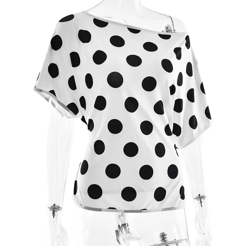 Absobe Polka Dot One-Shoulder Short Sleeve Top For Women Back Lace-up Waist Slim Fit T-Shirt Y2K Hot Girl Casual Tee Streetwear