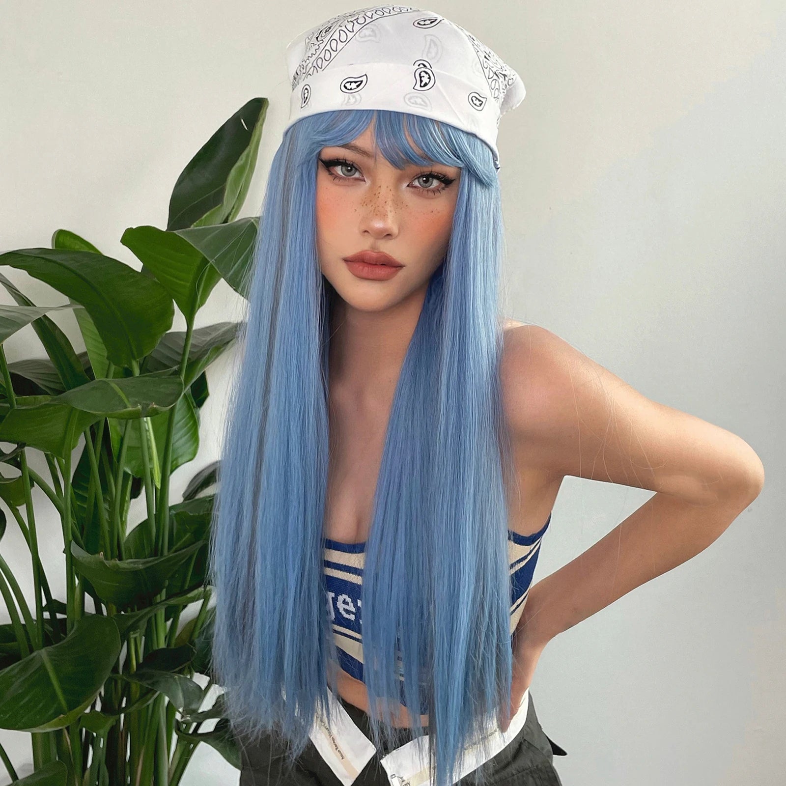 Blue with Grey Highlight Long Straight Synthetic Wigs with Bangs Cosplay Hairs Wig for Women Daily Natural Heat Resistant
