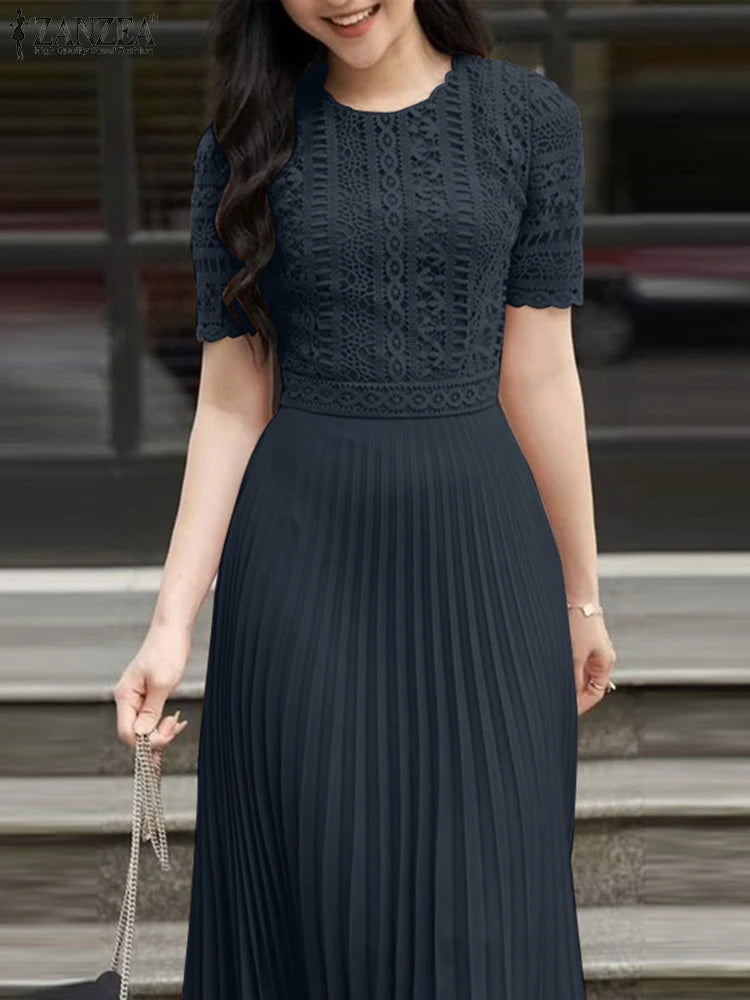 ZANZEA Elegant Summer Short Sleeve Pleated Party Sundress Fashion Women Lace Patchwork Dresses 2025 Stylish Work OL Vestidos
