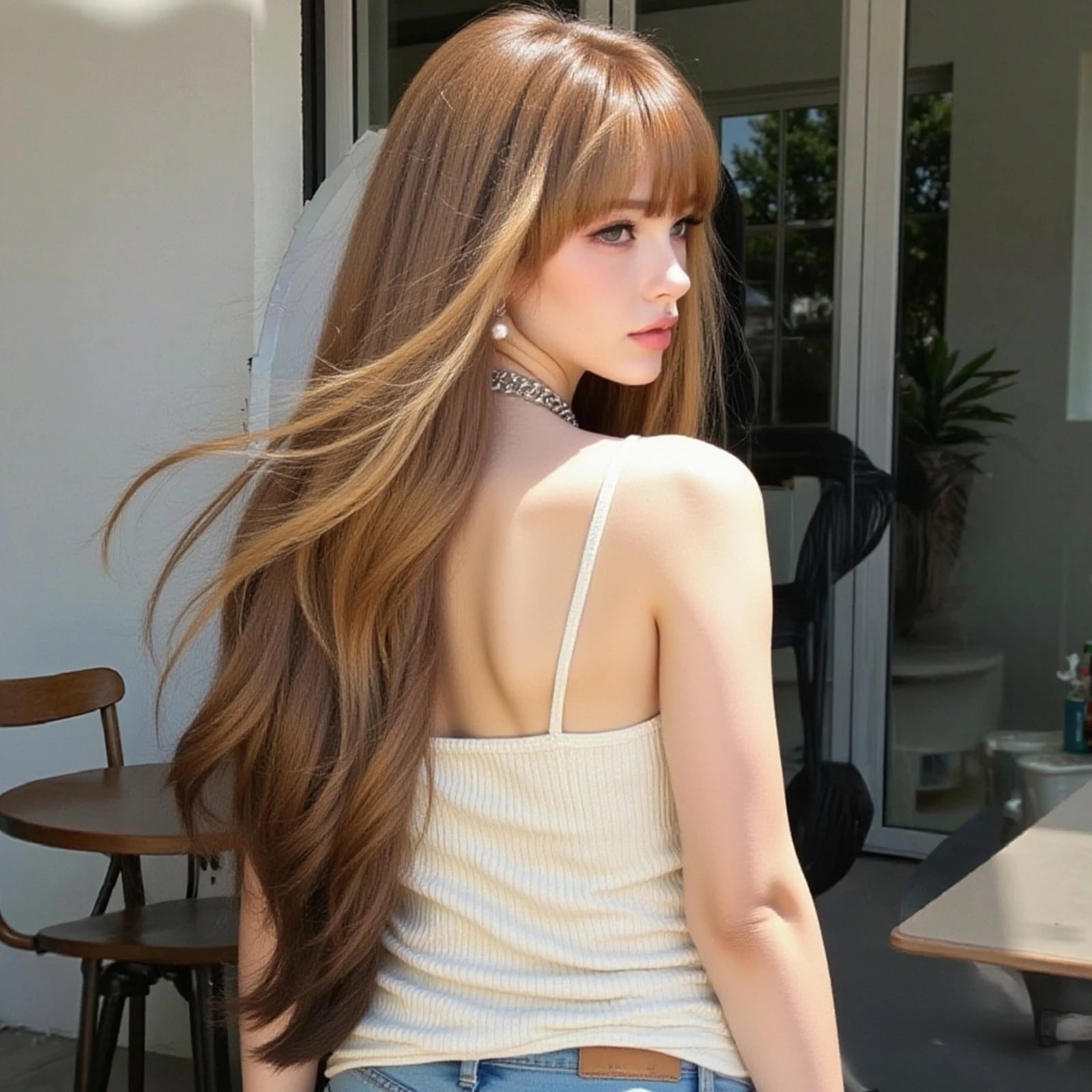 Honey Brown Highlight Layered Synthetic Wigs With Bangs Super Long Straight  Wig For Women Cosplay Natural Daily  Heat Resistant