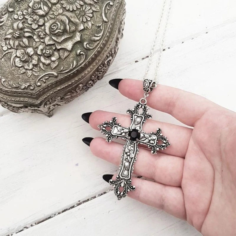 Large Detailed Cross Drill Pendant Necklace Silver Color Tone Gothic Punk Jewellery Fashion Charm Statement Women Gift