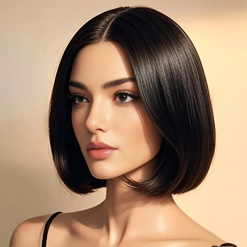 12-inch straight black bob, synthetic high-temperature silk wig with 150% density, heat-resistant and heat-resistant, for