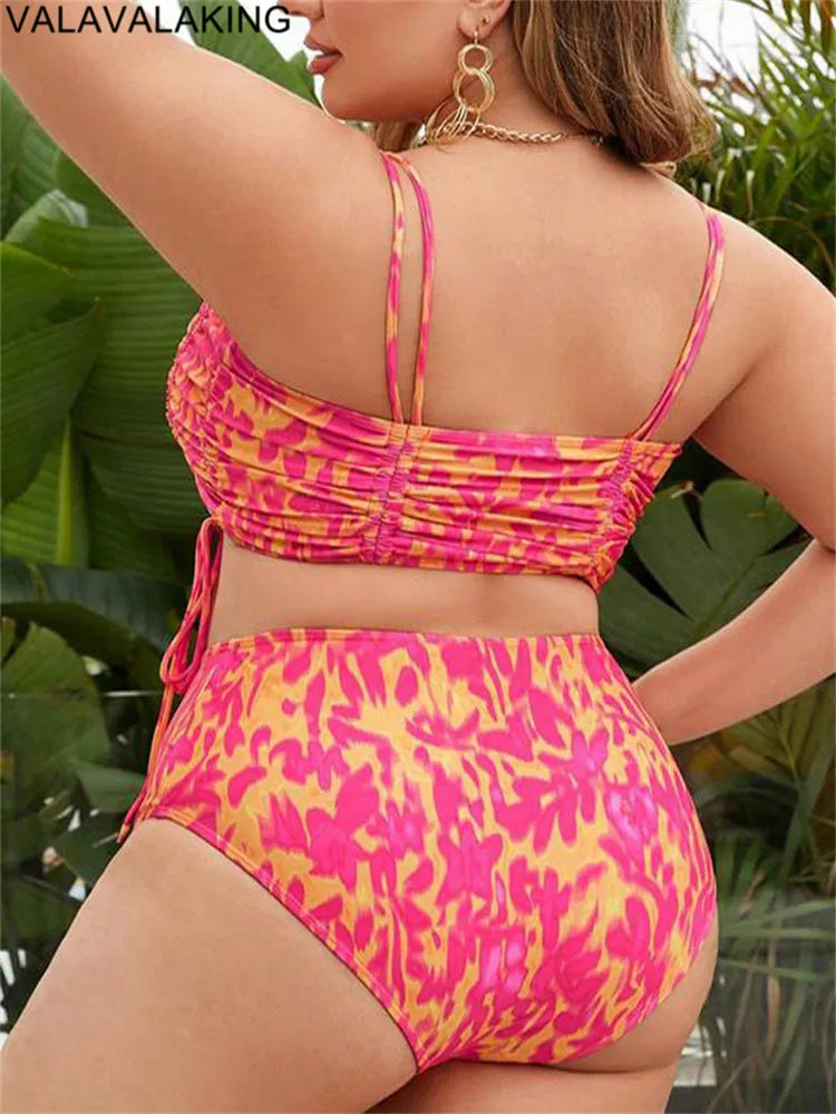 2025 Print Two Piece Plus Size Bikini Women Strapped Large Swimsuit High Waist Lady Chubby Swimwear Beach Curvy Bathing Suit