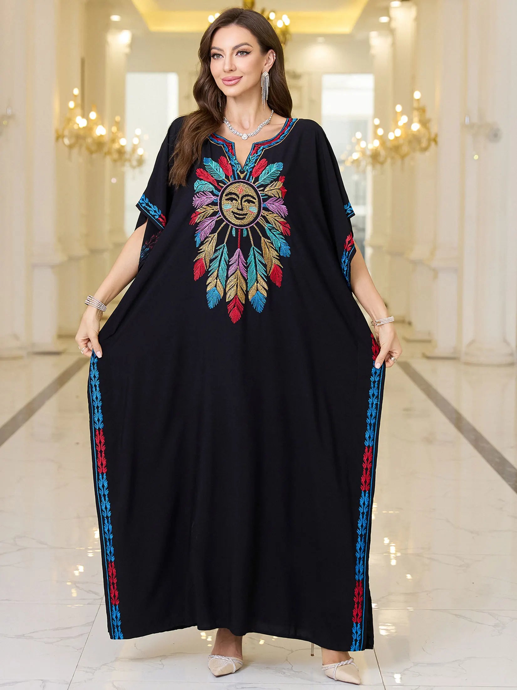 2024 Vintage Embroidery Kaftan Sexy V-neck Batwing Sleeve High Waist Maxi Dress Tunic Women Clothing Summer Beach Dresses Q660