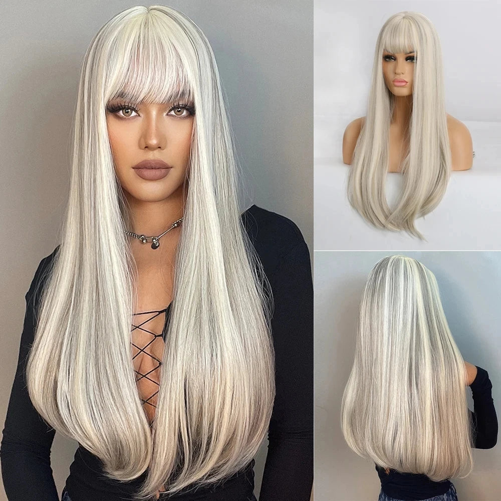 HENRY MARGU White Long Straight Synthetic Wigs for Women Colorful Cosplay Party Fake Hair with Bangs White Wig HighTemperature