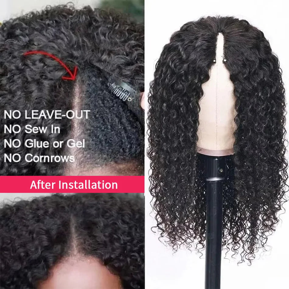 V Part Curly Wig Human Hair No Leave Out No Glue Brazilian Deep Curly Wave Human Hair Wigs for Women 220% Density