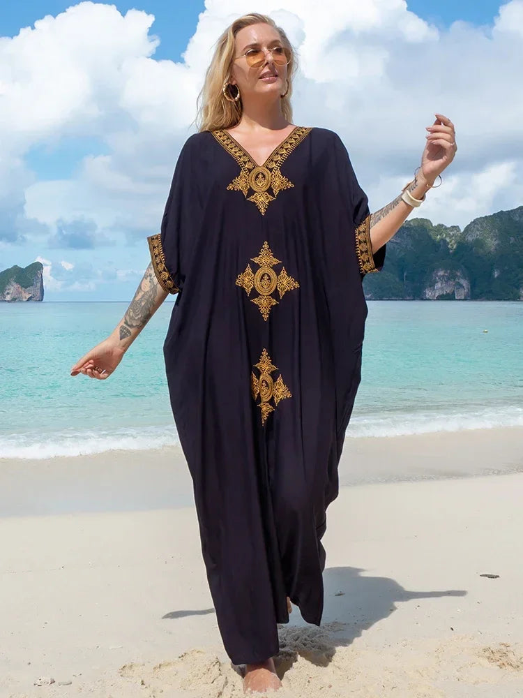2024 Vintage Embroidery Kaftan Sexy V-neck Batwing Sleeve High Waist Maxi Dress Tunic Women Clothing Summer Beach Dresses Q660