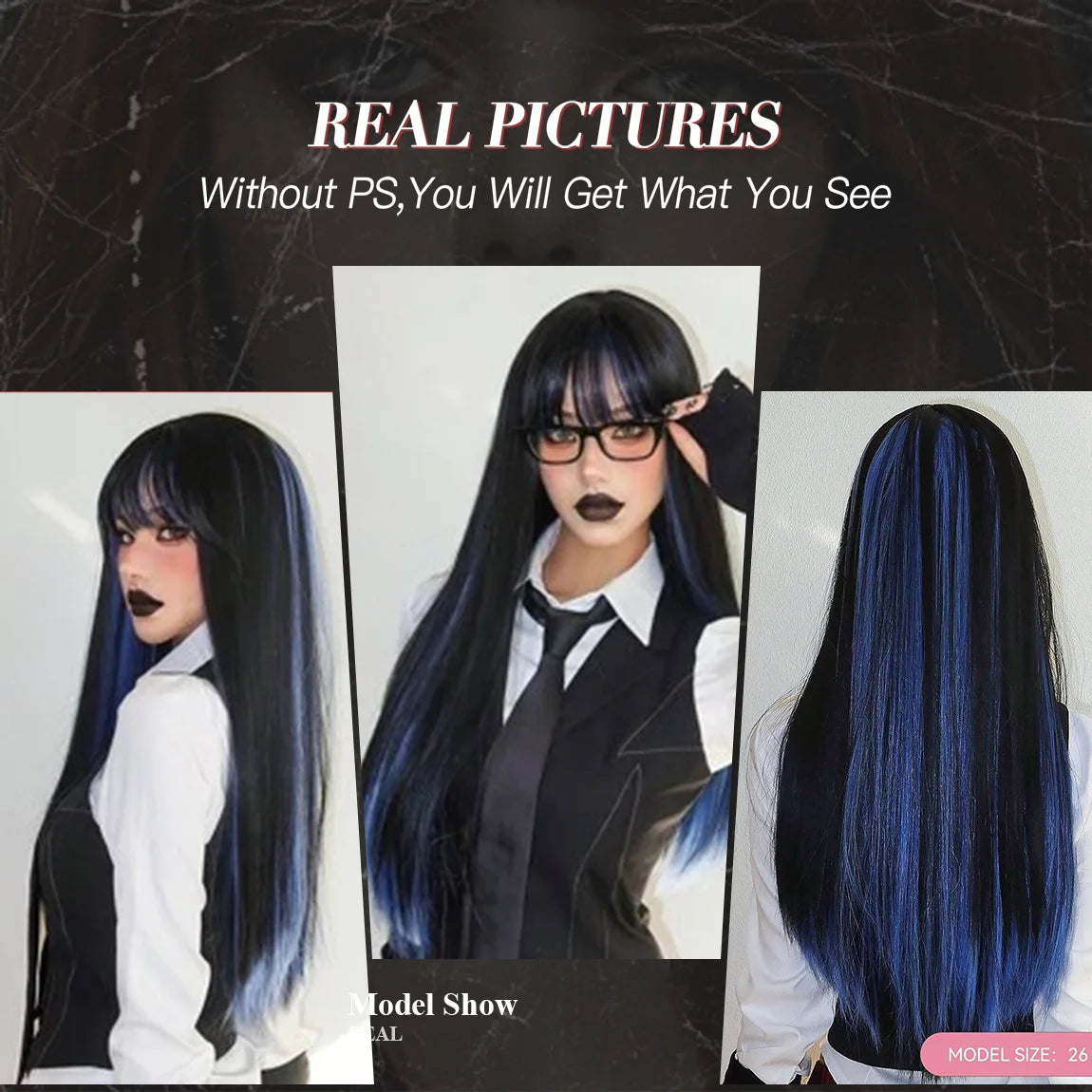 Allbell Magique Black Highlight Blue Synthetic Wig Long Straight Wig with Bangs Black And Blue Wig For Women Cosplay Party Use
