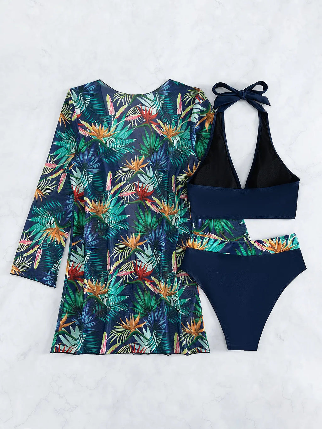 Halter Print Bikini Sets 3PCS Women Swimsuit With Kimono High Waist Swimwear Female Bathers Bathing Swimming Swim Suit Beachwear