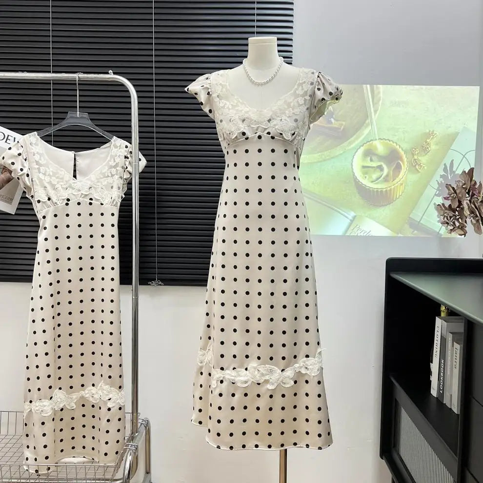 Absobe French Lace Patchwork Satin Polka Dot A-Line Maxi Dress For Women Elegant Backless Long Gown Chic Birthday Party Outfit