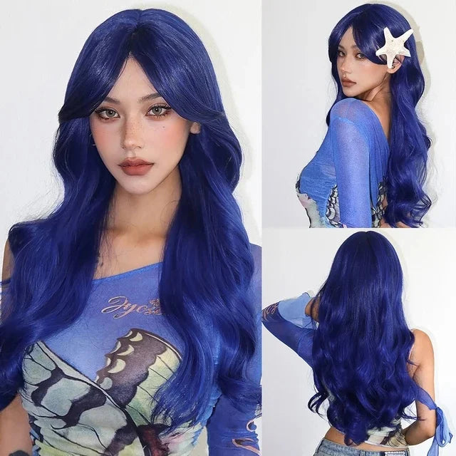 Allbell Magique Blue Hair Wig with Bangs Long Wavy Synthetic Wig Baby Blue Curly Wig for Women Daily Party Use Heat Resistant
