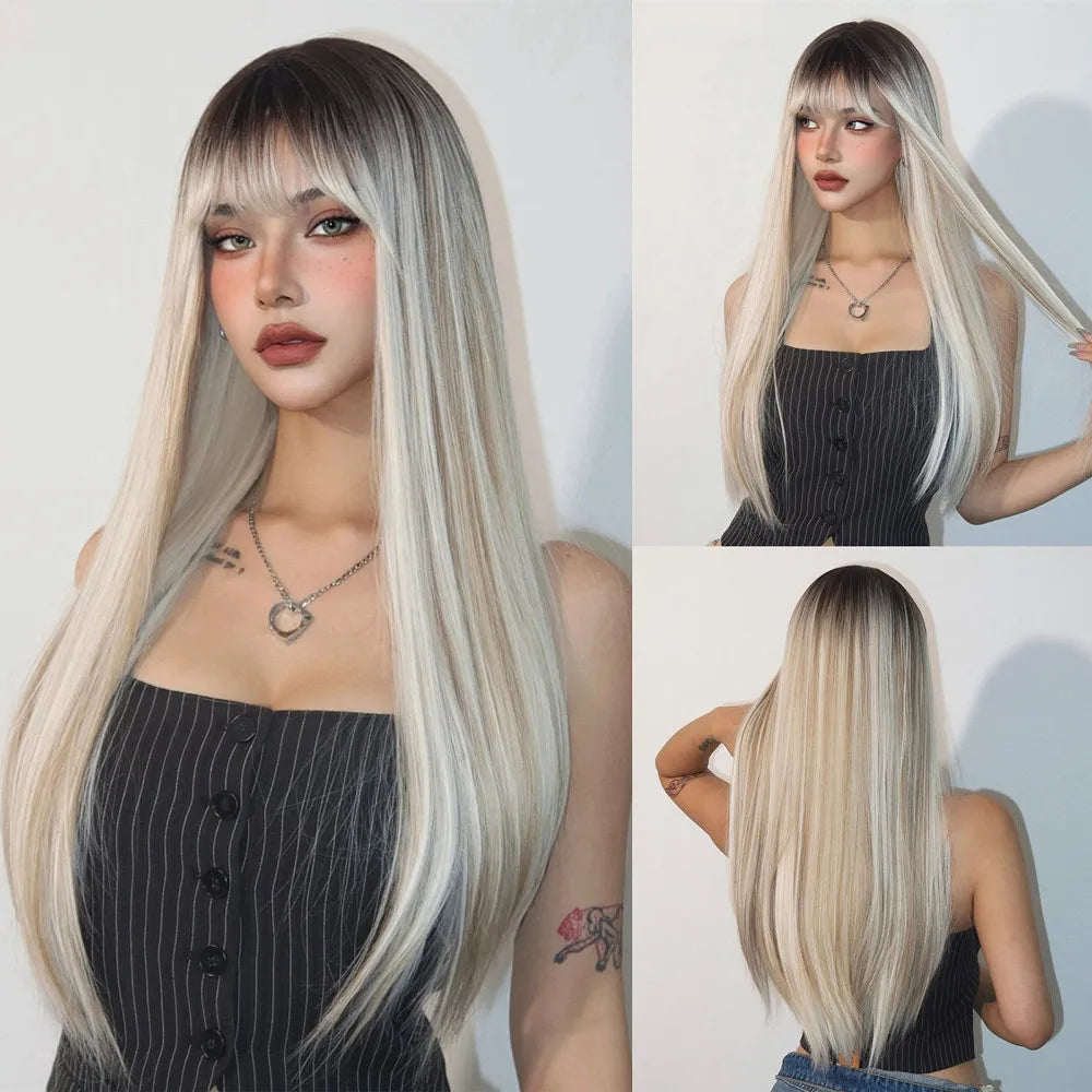 HENRY MARGU White Long Straight Synthetic Wigs for Women Colorful Cosplay Party Fake Hair with Bangs White Wig HighTemperature