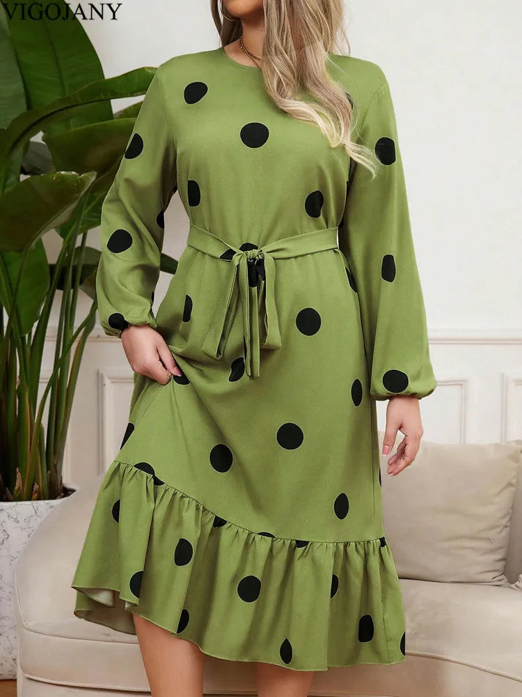 Vigojany 2025 Spring Ruffle Dot Print Plus Size Dress Autumn Long Sleeve Large Big Dress Casual O Neck Chubby Curvy Dresses