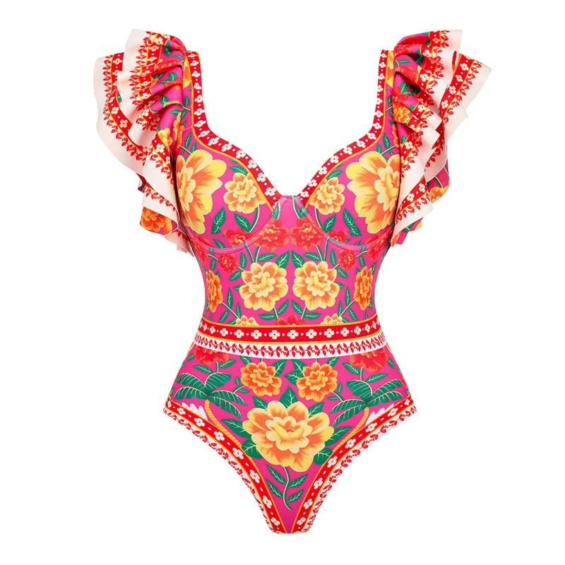 Women Print Ruffle One Piece Swimsuit Off The Shoulder Swimwear Women Sexy Swimsuit Deep-V Bathing Suits Beach Wear Swim Suit
