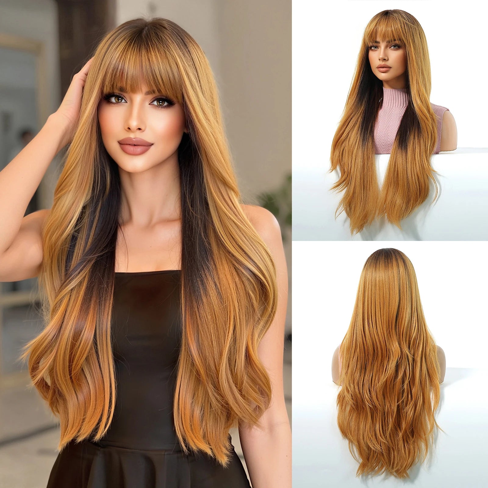 Honey Brown Highlight Layered Synthetic Wigs With Bangs Super Long Straight  Wig For Women Cosplay Natural Daily  Heat Resistant