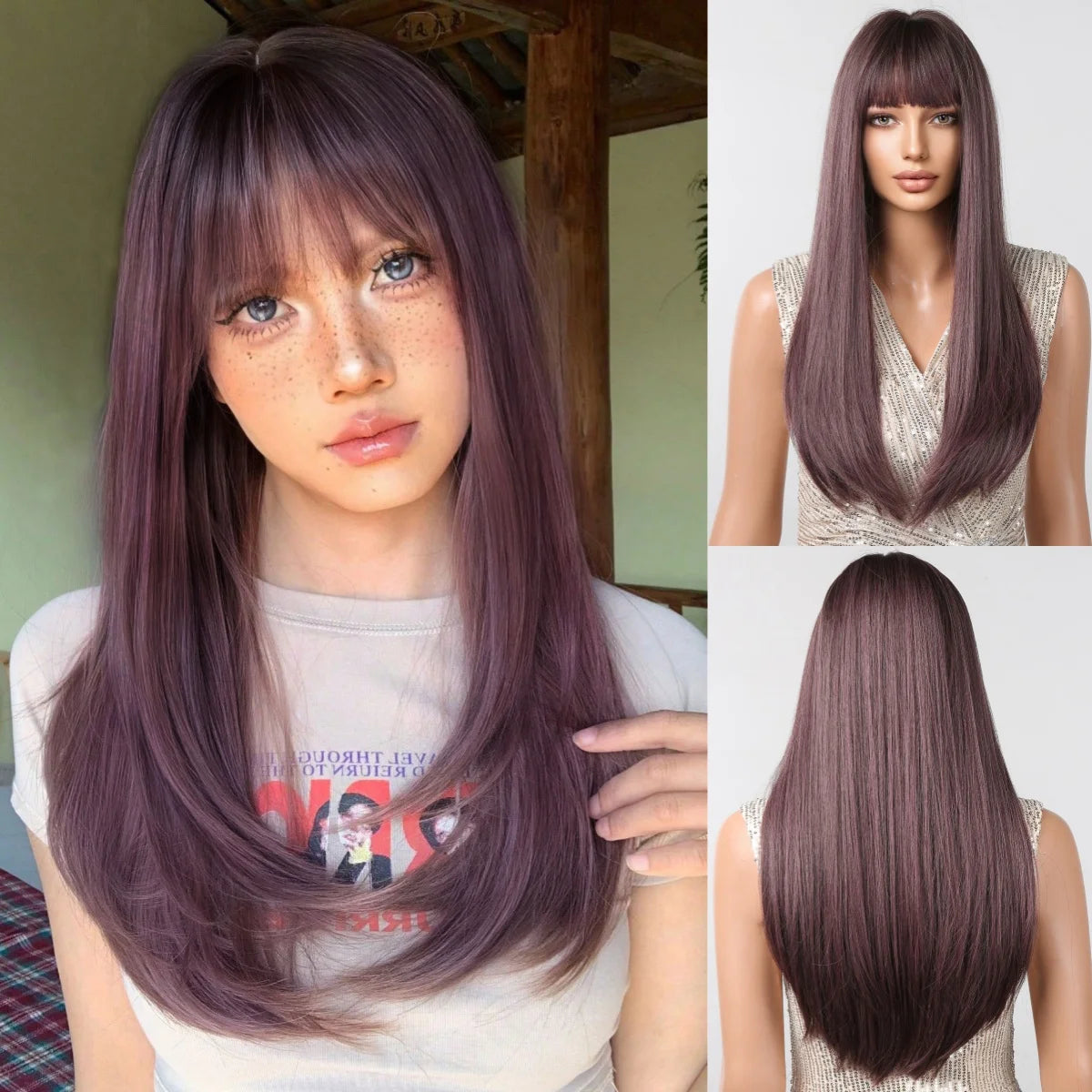 Allbell Magique Black Highlight Blue Synthetic Wig Long Straight Wig with Bangs Black And Blue Wig For Women Cosplay Party Use